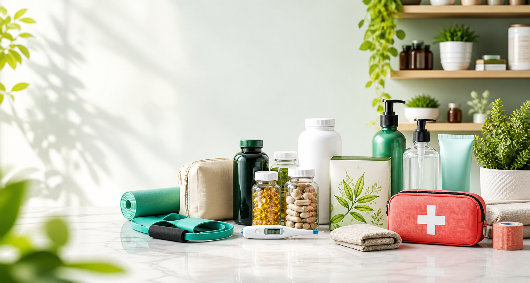Health wellness products arranged on a clean modern countertop